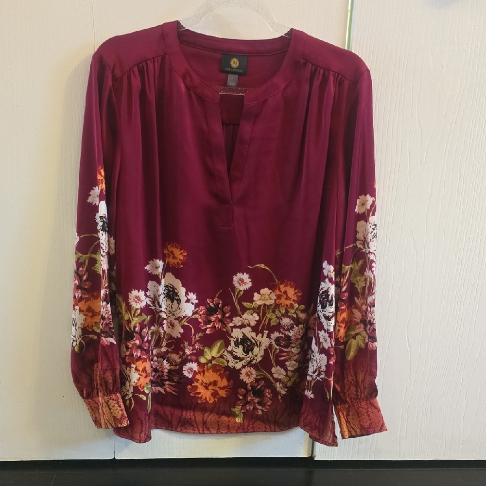 JM Collection Burgundy Floral Blouse
